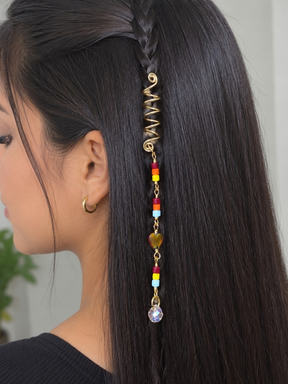 Gold-Tone Beaded Heart Hair Charm - Colorful Accent